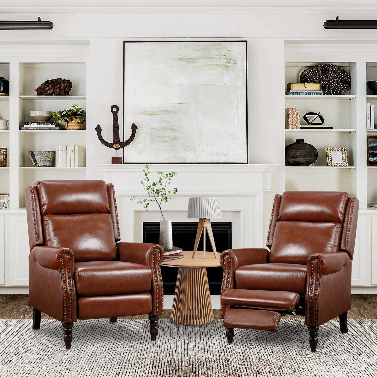Fauteuil inclinable en cuir véritable de style milieu du siècle, réglable et confortable, lot de 2 fauteuils pour salon