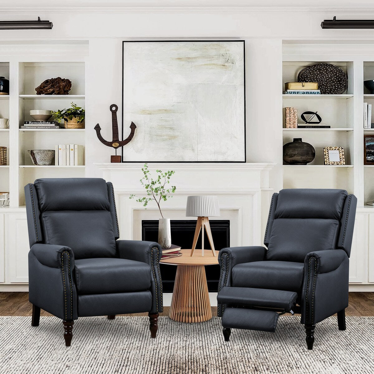 Fauteuil inclinable en cuir véritable de style milieu du siècle, réglable et confortable, lot de 2 fauteuils pour salon