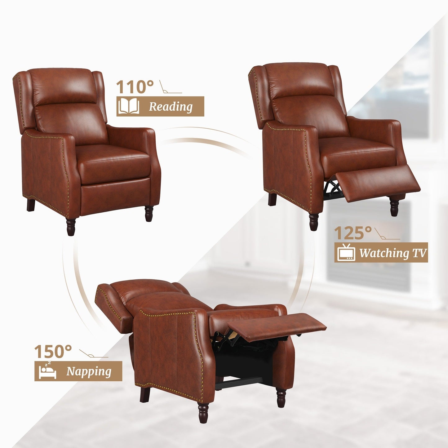 Fauteuil inclinable moderne en cuir véritable COZYMAN, réglable et inclinable avec accoudoirs confortables