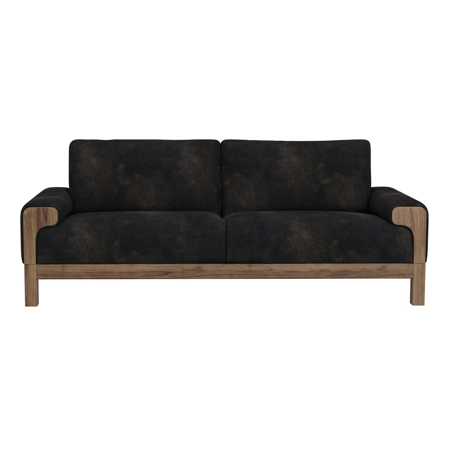 Canapé Caisy, similicuir noir, cadre en bois massif caramel, 93 pouces