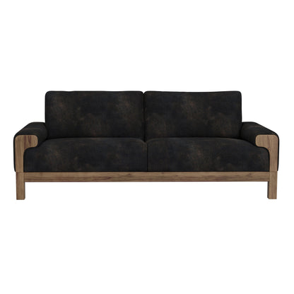 Canapé Caisy, similicuir noir, cadre en bois massif caramel, 93 pouces