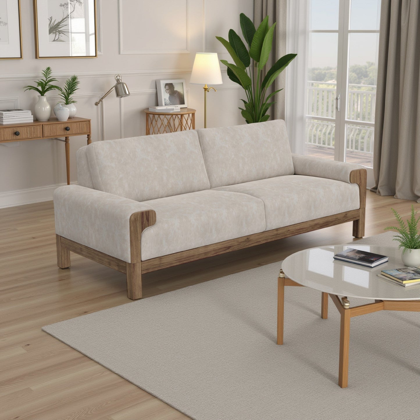 Canapé Caisy, tissu gris, coussins en mousse, bois massif caramel, 236 cm