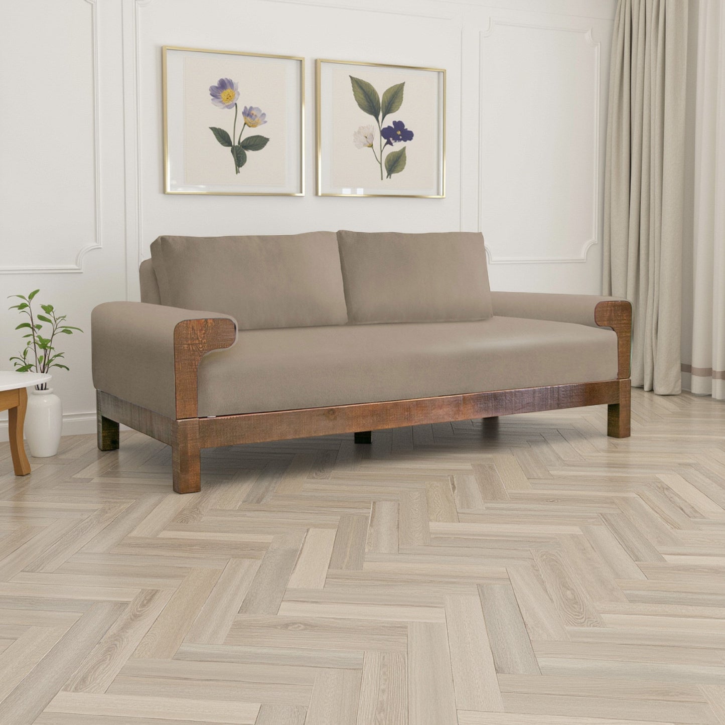 Canapé Caisy, polyester marron clair, coussins en mousse, structure en bois massif, 93 pouces