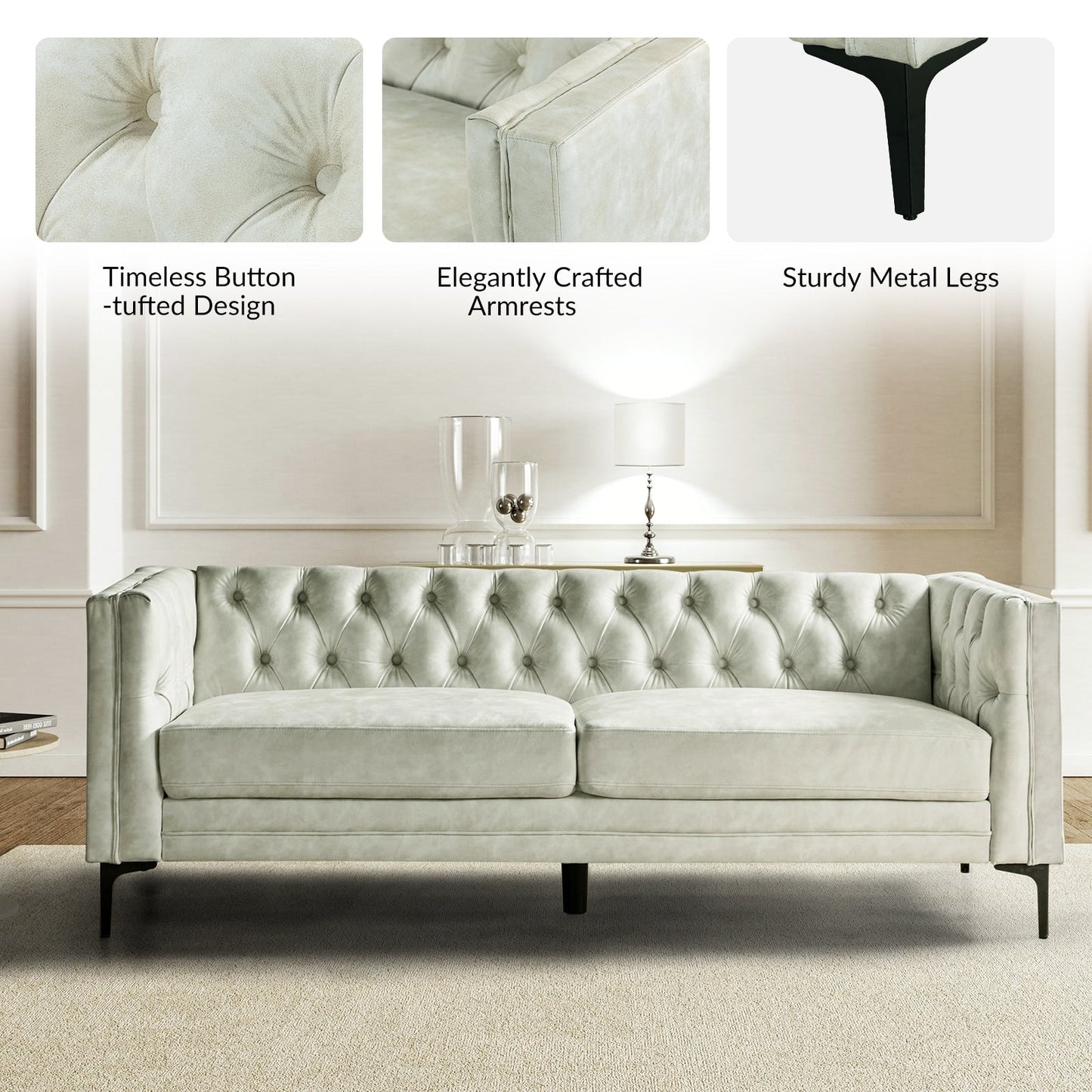 Canapé classique Calymne 84 à accoudoirs carrés et dossier capitonné par HULALA HOME