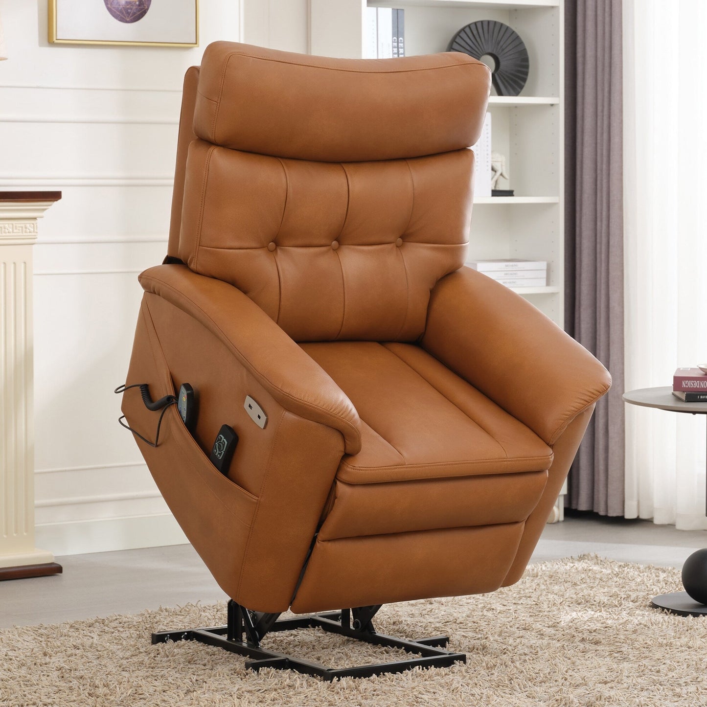 Fauteuil inclinable électrique en cuir caramel avec massage 8 points, chauffage lombaire, ports USB et Type-C, conception à plat