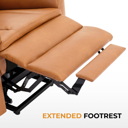 Fauteuil inclinable électrique en cuir caramel avec massage 8 points, chauffage lombaire, ports USB et Type-C, conception à plat