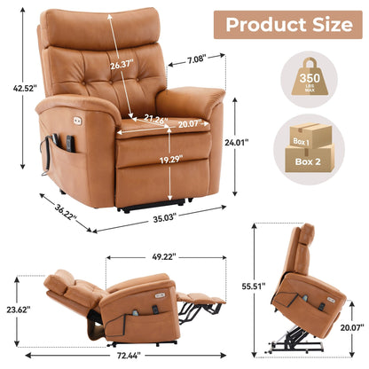Fauteuil inclinable électrique en cuir caramel avec massage 8 points, chauffage lombaire, ports USB et Type-C, conception à plat