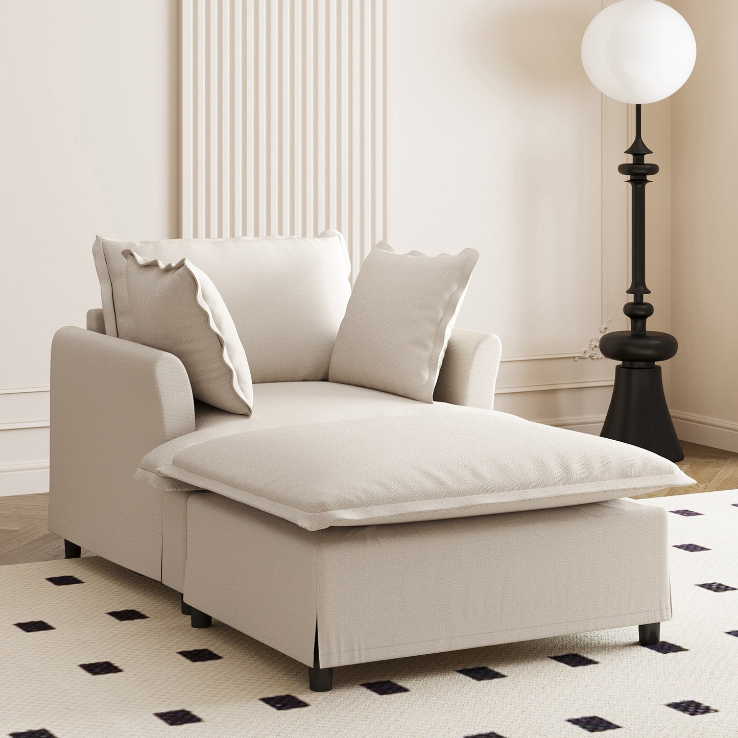 Chaise longue, canapé-lit simple en chenille avec assise large, fauteuil-lit rembourré avec pouf amovible, ensemble de canapé de lecture