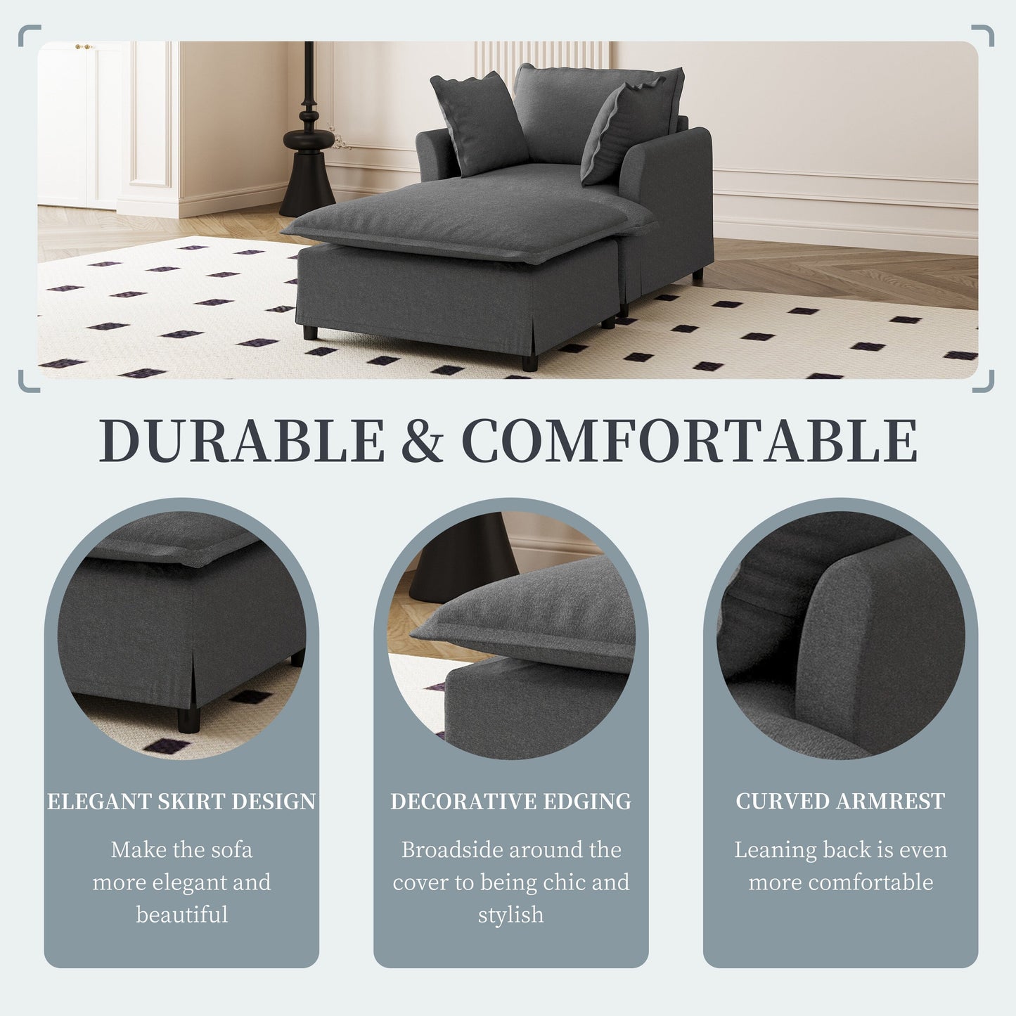 Chaise longue, canapé-lit simple en chenille avec assise large, fauteuil-lit rembourré avec pouf amovible, ensemble de canapé de lecture