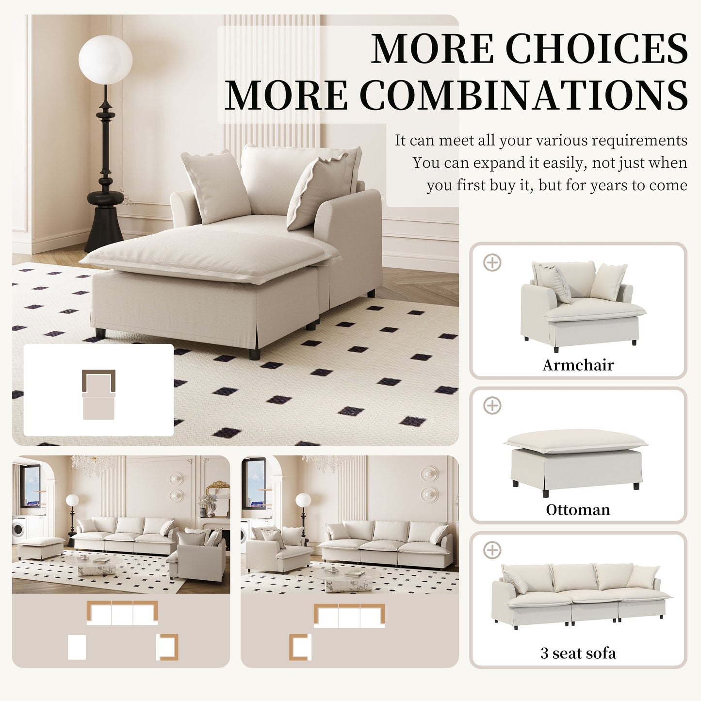 Chaise longue, canapé-lit simple en chenille avec assise large, fauteuil-lit rembourré avec pouf amovible, ensemble de canapé de lecture