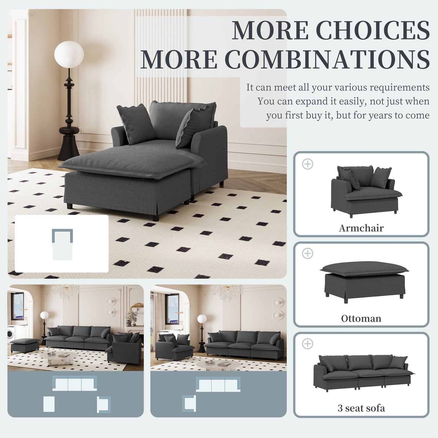 Chaise longue, canapé-lit simple en chenille avec assise large, fauteuil-lit rembourré avec pouf amovible, ensemble de canapé de lecture