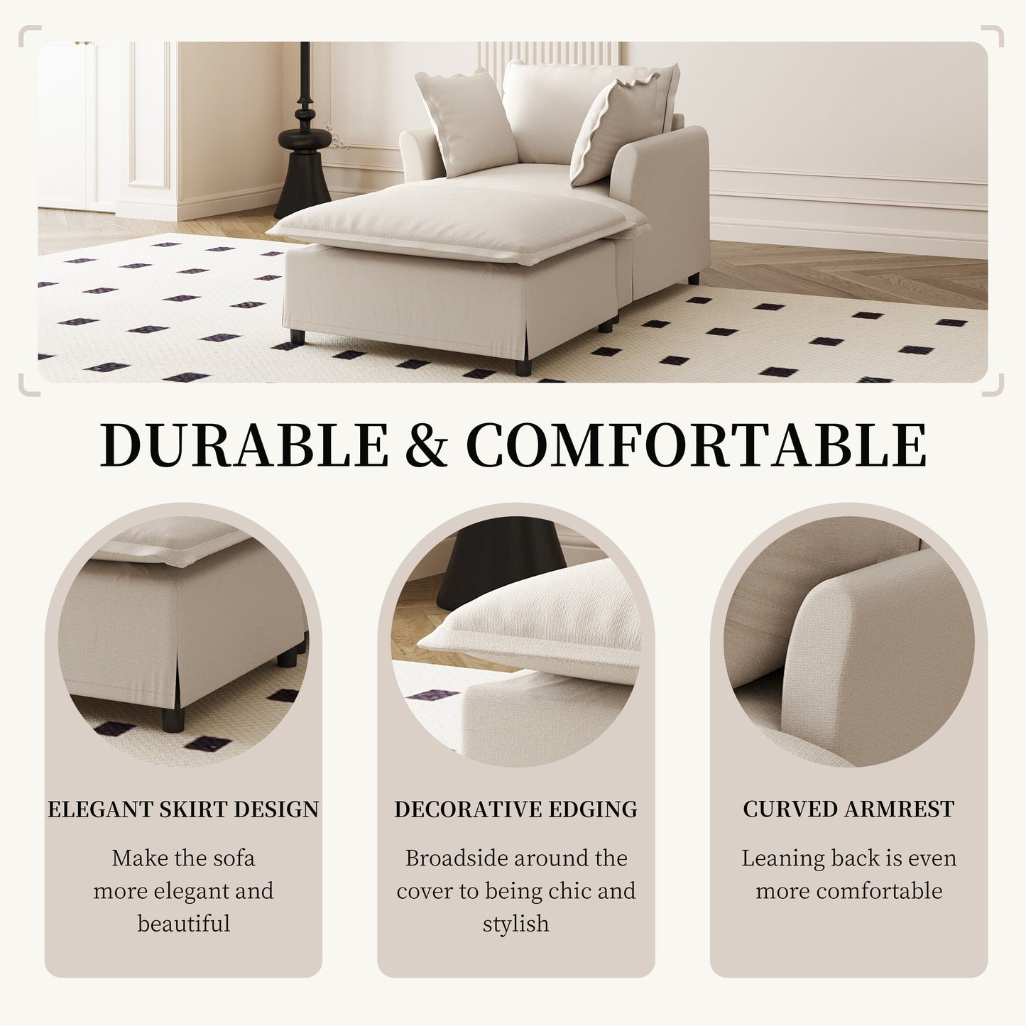 Chaise longue, canapé-lit simple en chenille avec assise large, fauteuil-lit rembourré avec pouf amovible, ensemble de canapé de lecture