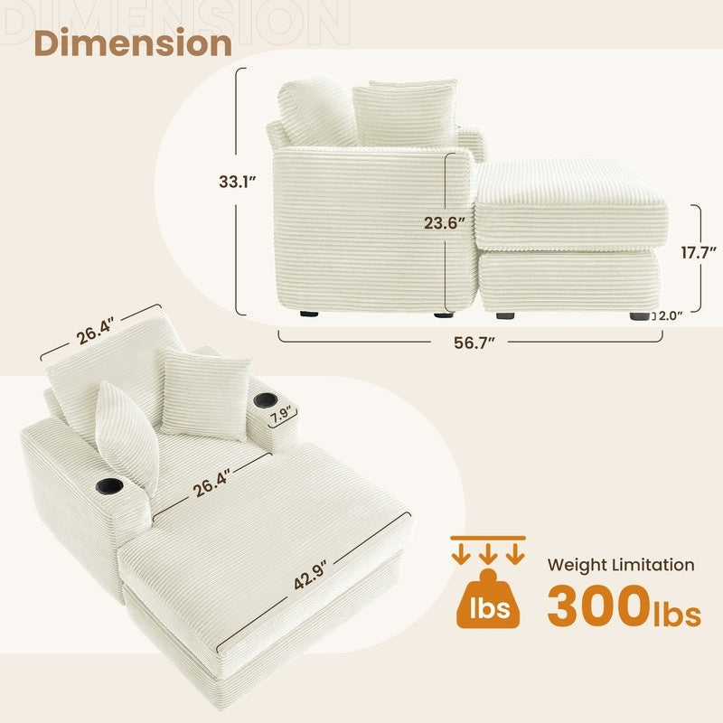 Canapé en velours côtelé de style chaise longue avec porte-gobelets et 3 coussins de dossier « Design de salon inclinable »