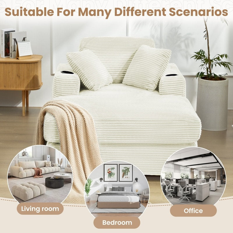 Canapé en velours côtelé de style chaise longue avec porte-gobelets et 3 coussins de dossier « Design de salon inclinable »