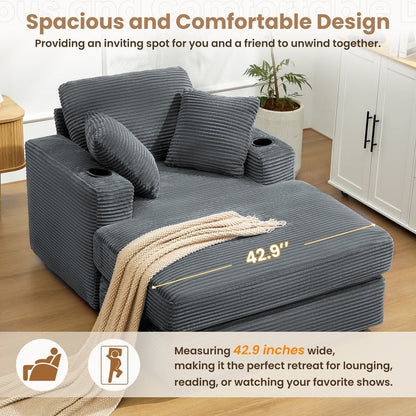 Canapé en velours côtelé de style chaise longue avec porte-gobelets et 3 coussins de dossier « Design de salon inclinable »