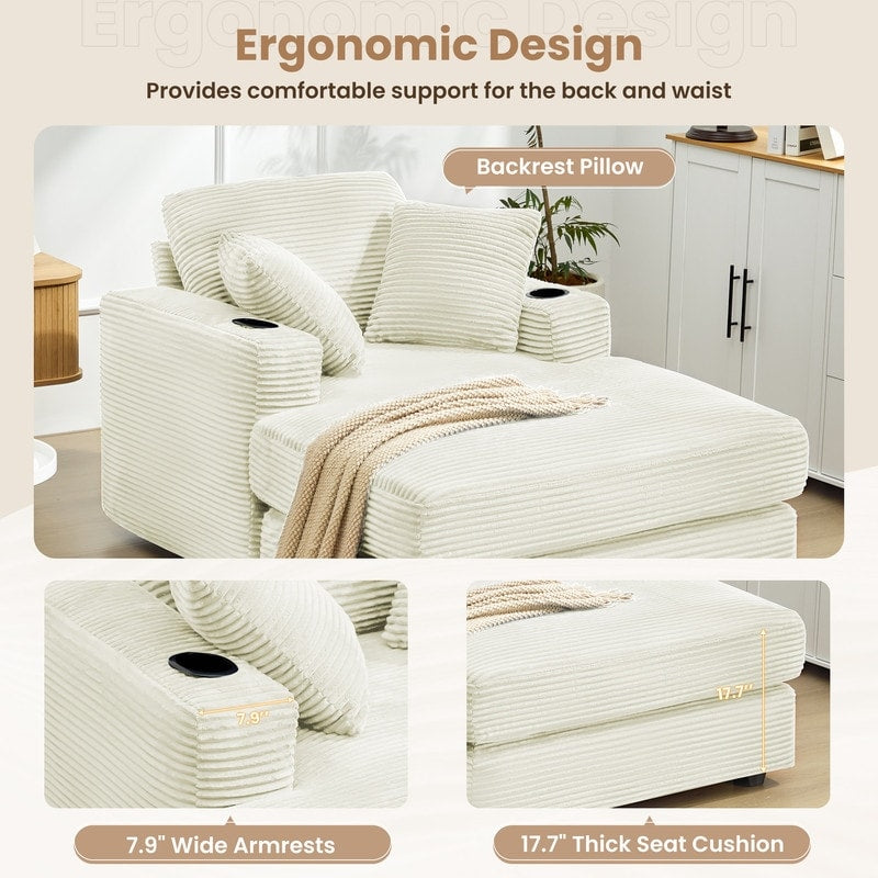 Canapé en velours côtelé de style chaise longue avec porte-gobelets et 3 coussins de dossier « Design de salon inclinable »