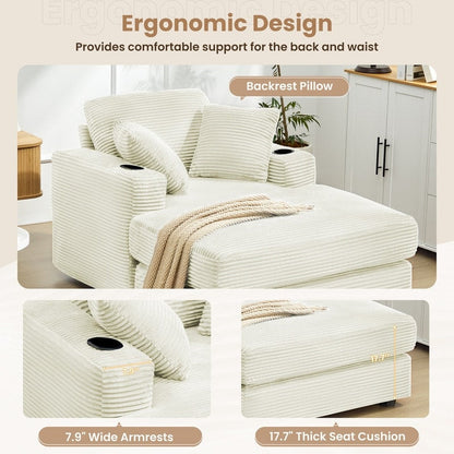 Canapé en velours côtelé de style chaise longue avec porte-gobelets et 3 coussins de dossier « Design de salon inclinable »