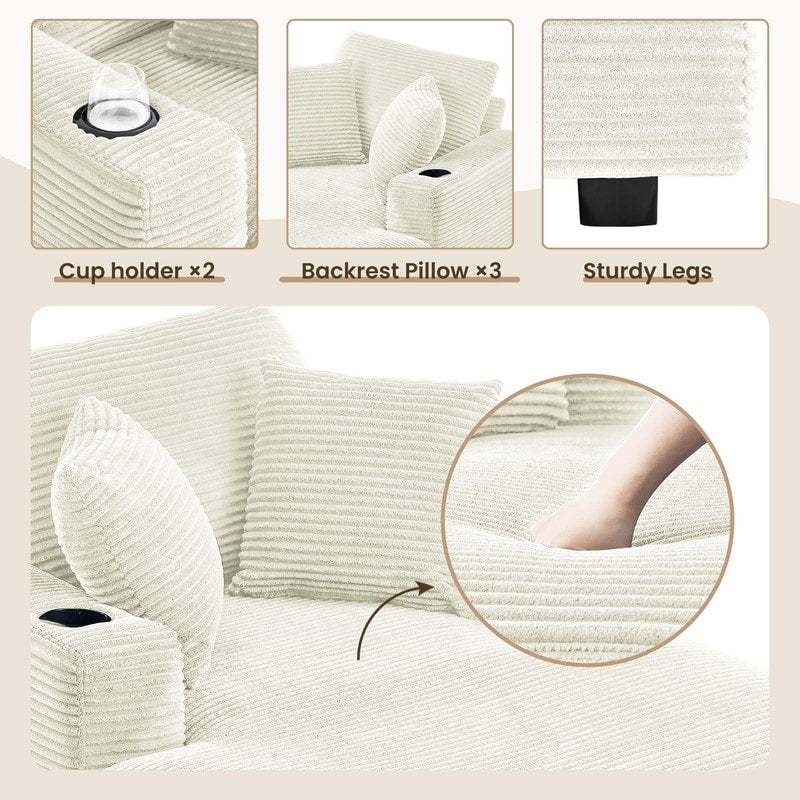 Canapé en velours côtelé de style chaise longue avec porte-gobelets et 3 coussins de dossier « Design de salon inclinable »