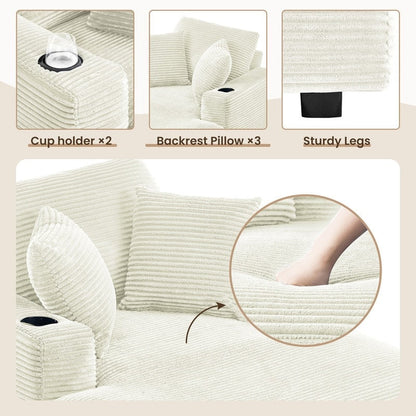 Canapé en velours côtelé de style chaise longue avec porte-gobelets et 3 coussins de dossier « Design de salon inclinable »