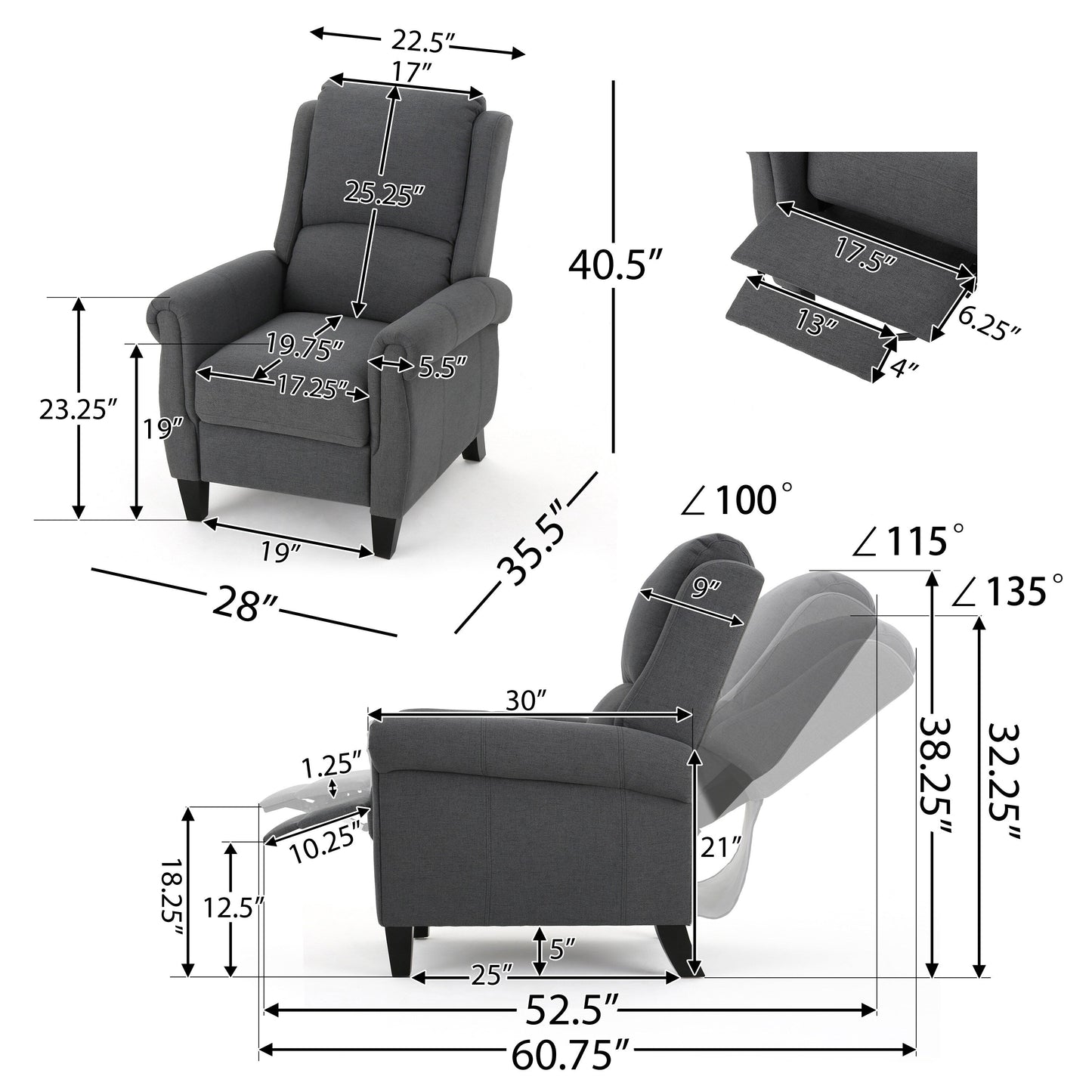 Fauteuil inclinable à dossier relevable en tissu anthracite (facile d'entretien)