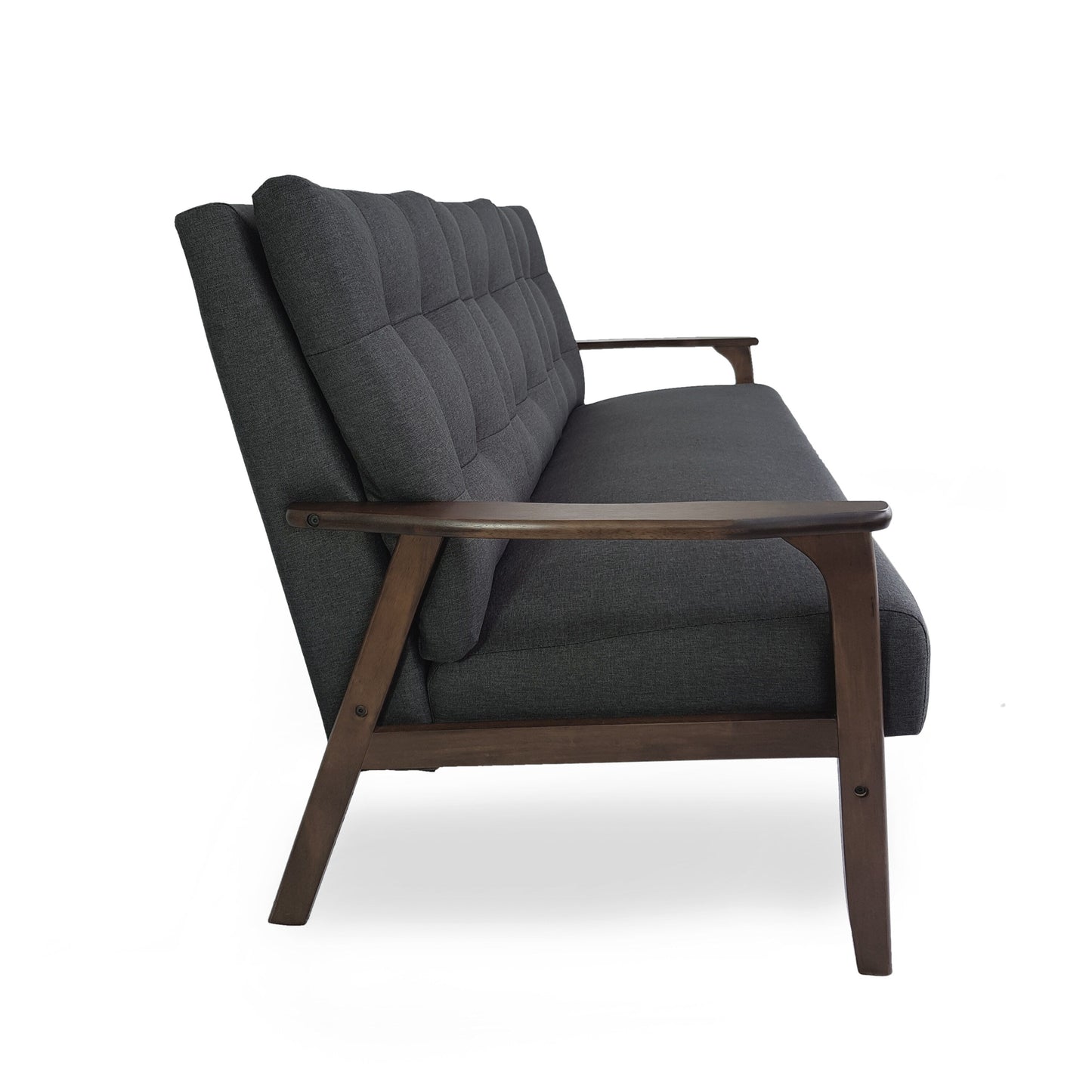 Canapé 3 places gris anthracite style Mid-Century avec capitonnage à boutons et pieds en bois d'hévéa pour le salon