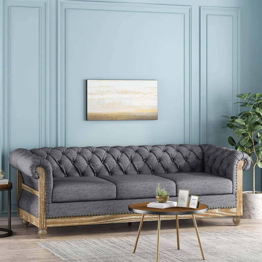 Canapé Chesterfield 3 places capitonné de style rétro anthracite avec pieds en bois pour le salon