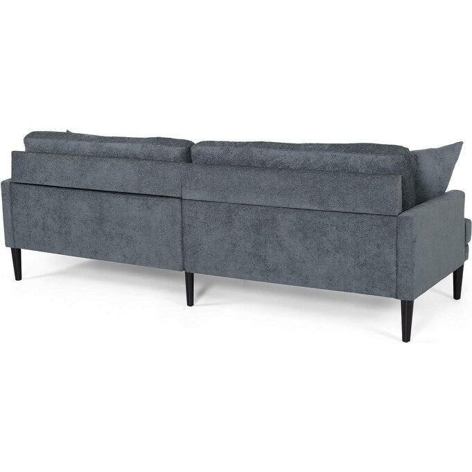 Canapé 3 places rembourré en anthracite avec pieds en bois et coussins décoratifs