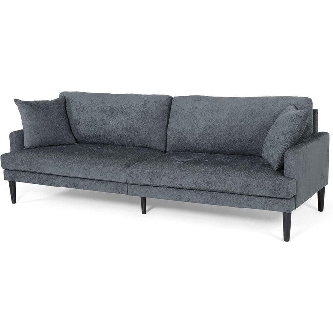 Canapé 3 places rembourré en anthracite avec pieds en bois et coussins décoratifs