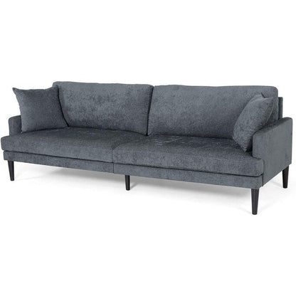 Canapé 3 places rembourré en anthracite avec pieds en bois et coussins décoratifs