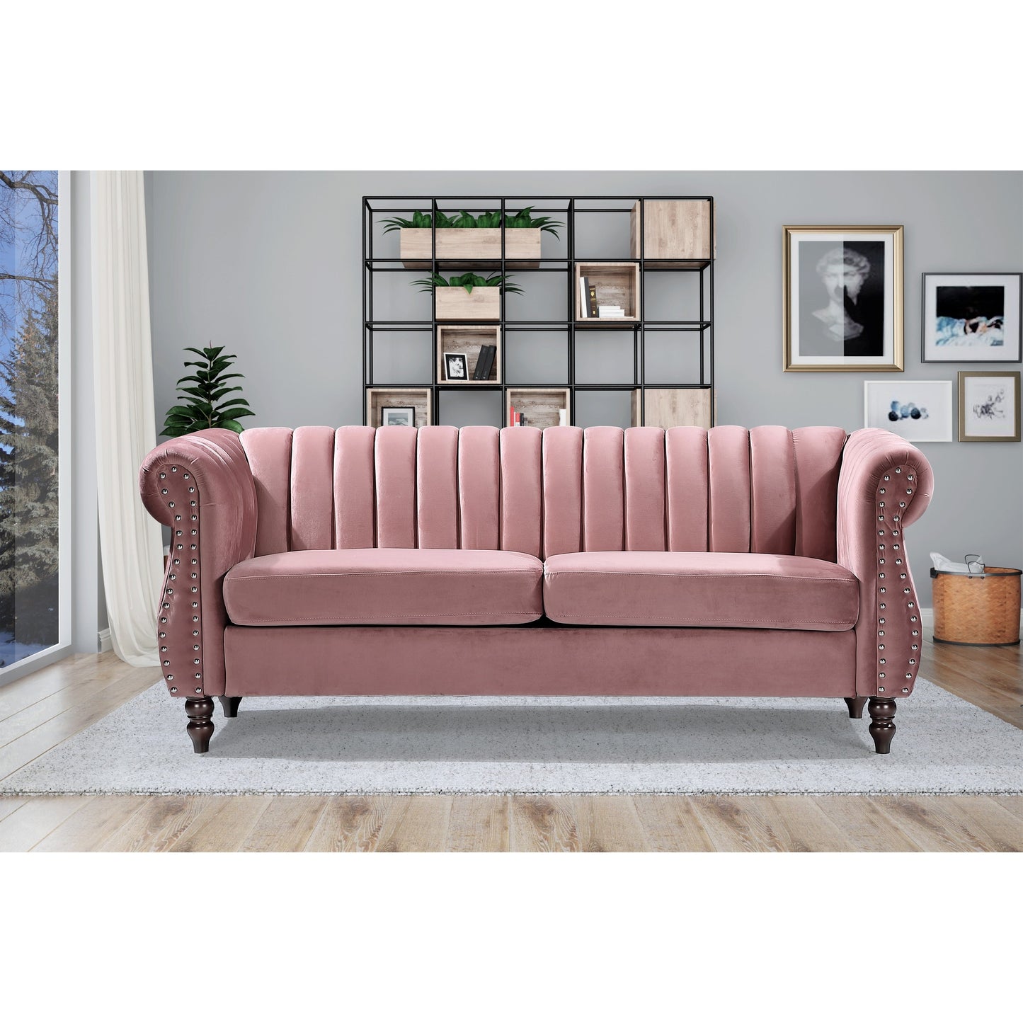 Canapé Chesterfield en velours Charlot à accoudoirs roulés