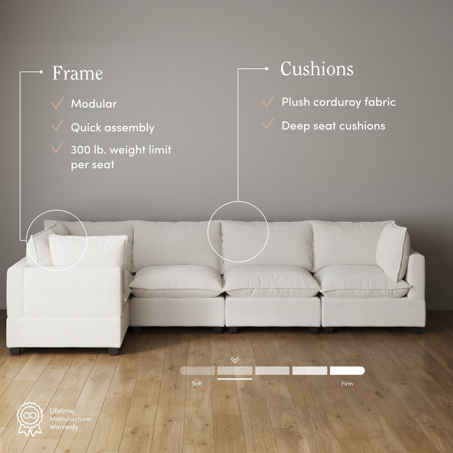 Canapé modulaire rembourré Chelsea Modern Cloud avec assise profonde et coussins moelleux