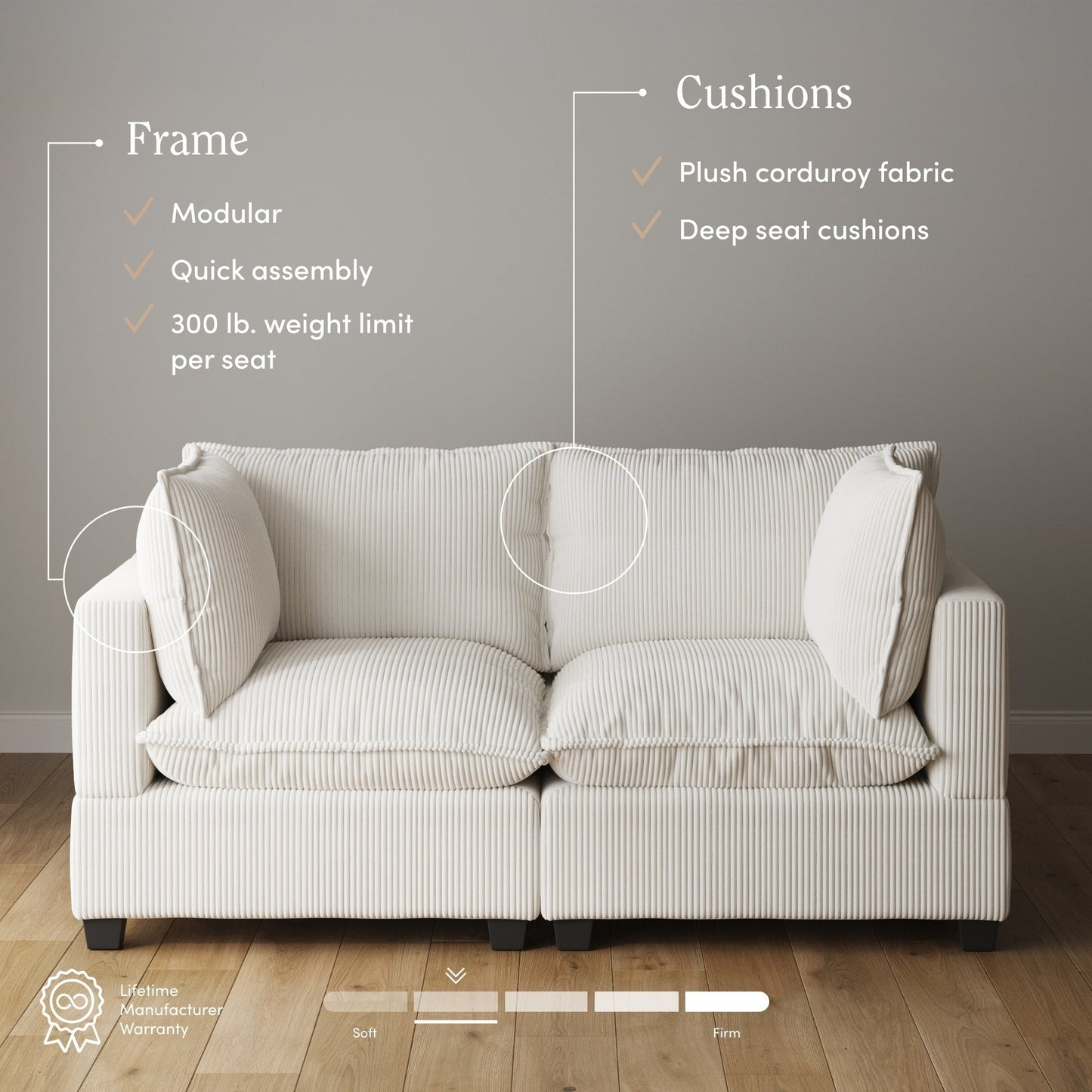 Canapé modulaire rembourré Chelsea Modern Cloud avec assise profonde et coussins moelleux