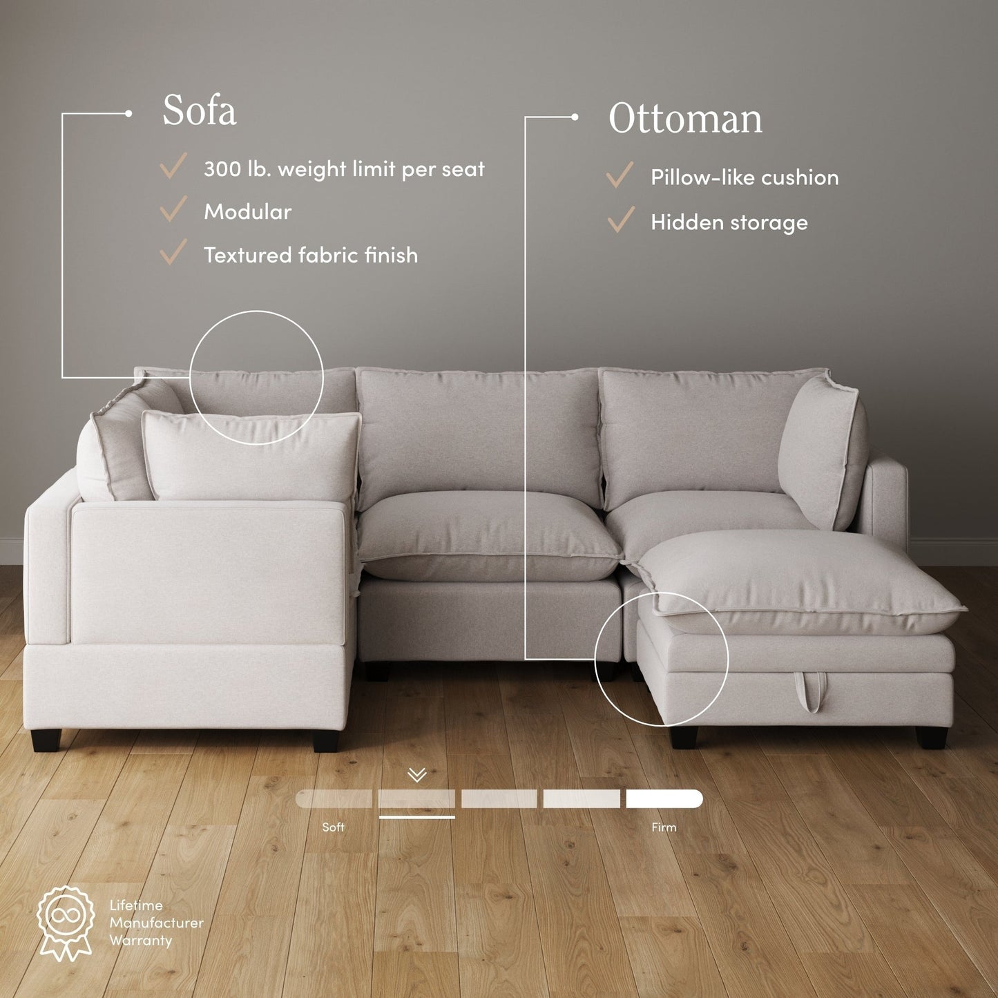 Canapé modulaire rembourré Chelsea Modern Cloud avec assise profonde et coussins moelleux