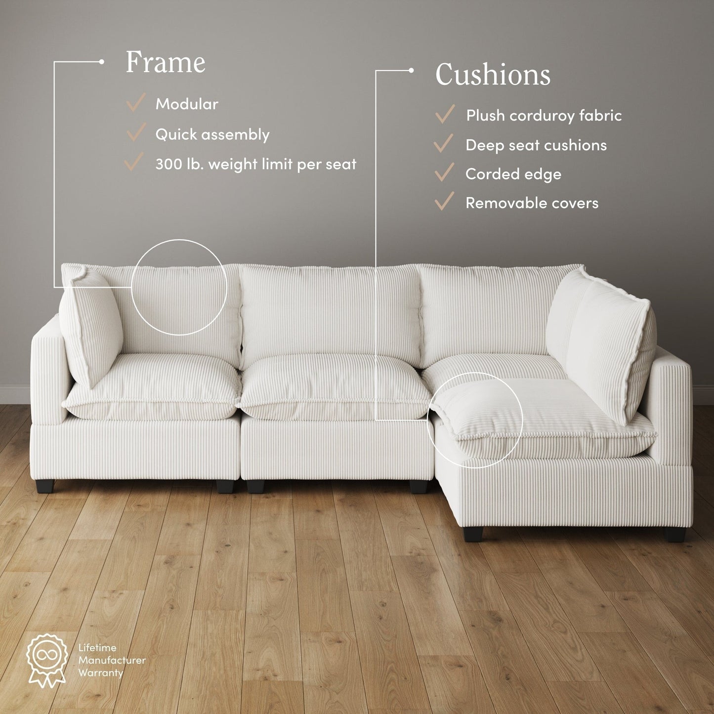 Canapé modulaire rembourré Chelsea Modern Cloud avec assise profonde et coussins moelleux