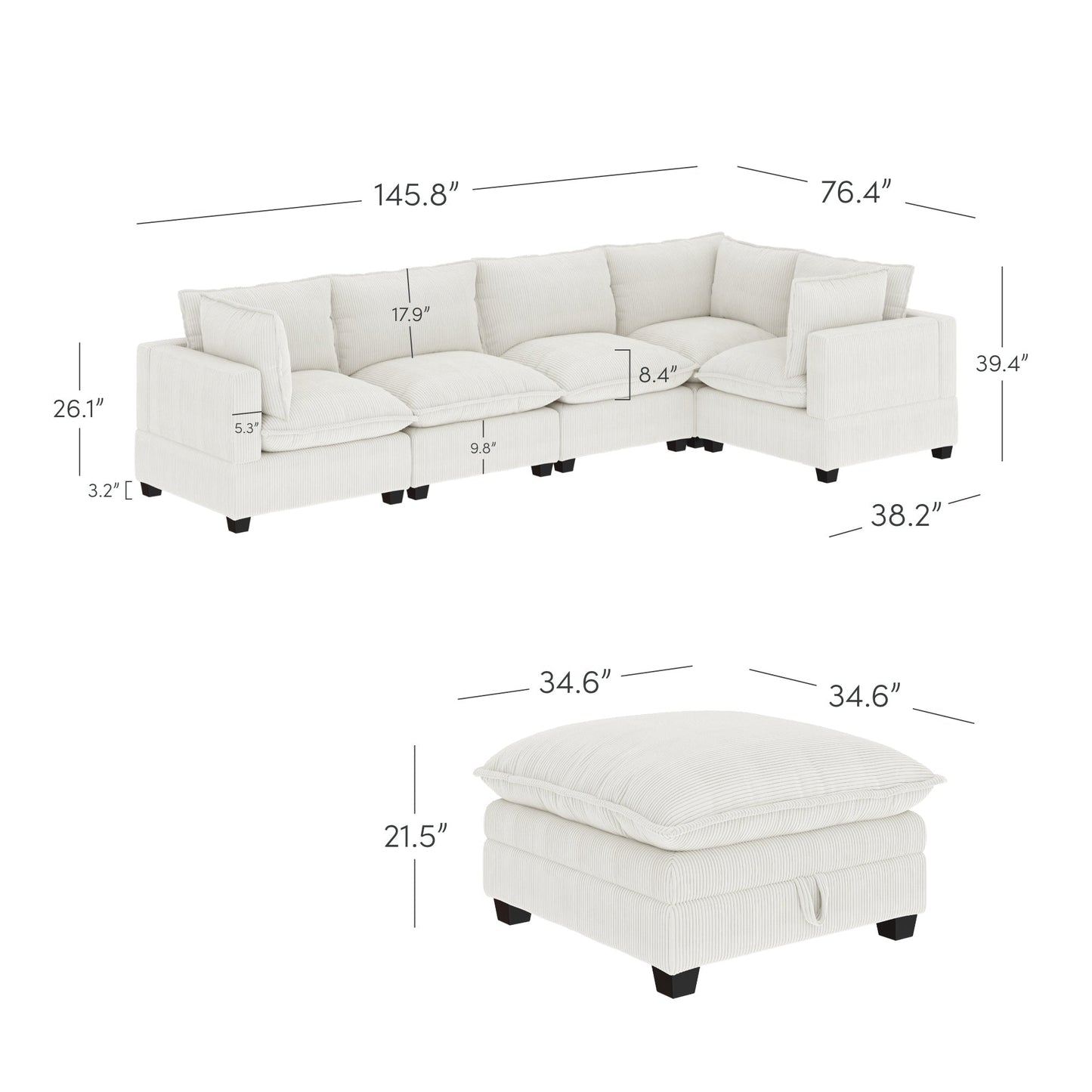 Canapé modulaire rembourré Chelsea Modern Cloud avec assise profonde et coussins moelleux