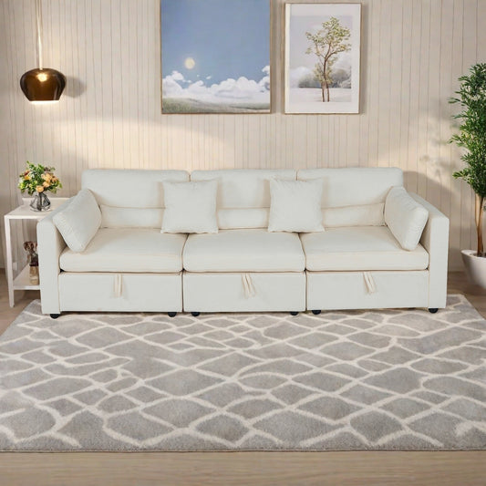 Canapé 3 places en chenille avec pieds en bois massif et pieds en quincaillerie antirouille