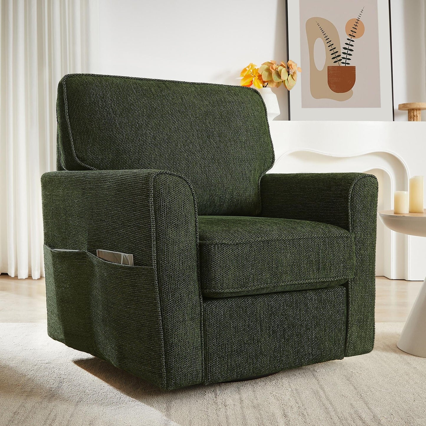 Fauteuil pivotant à 360° en chenille, fauteuil moderne avec poches latérales, fauteuil pivotant, fauteuil inclinable ergonomique pour chambre à coucher