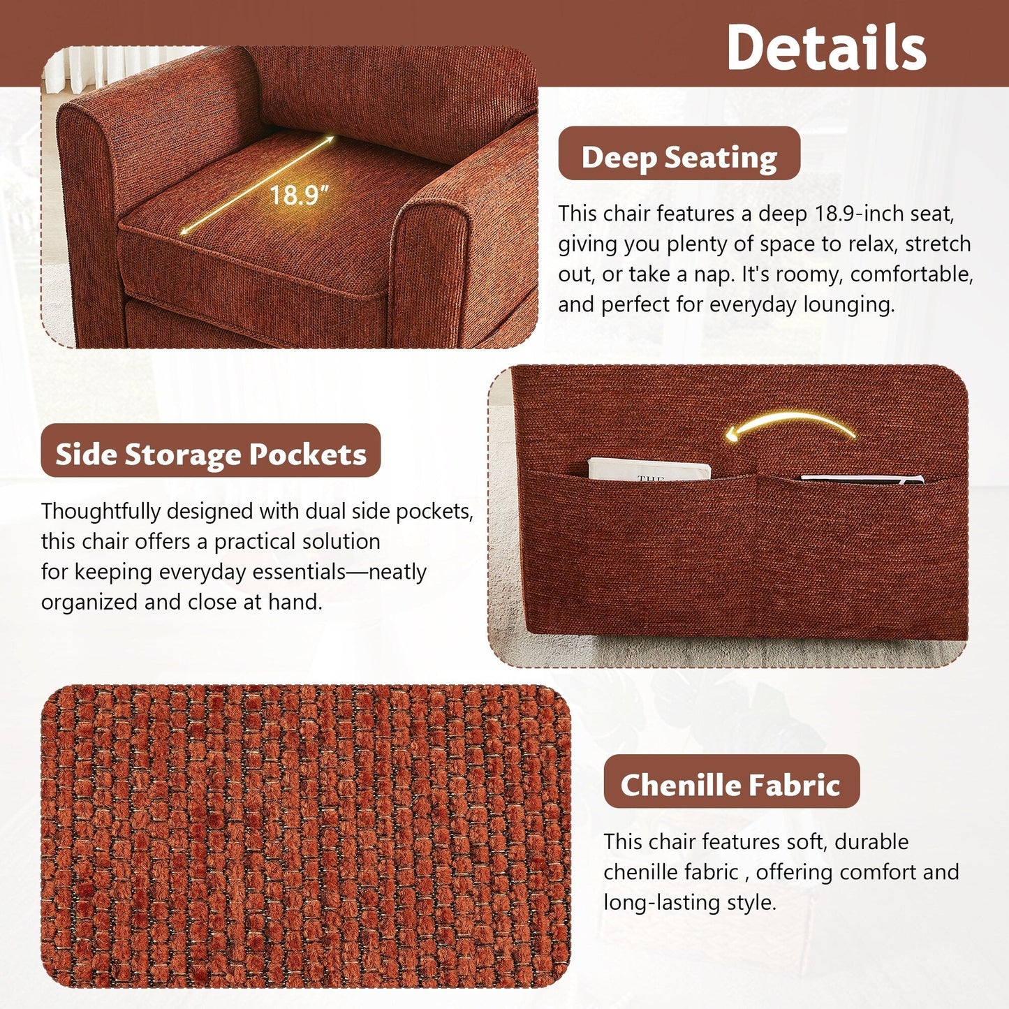 Fauteuil pivotant à 360° en chenille, fauteuil moderne avec poches latérales, fauteuil pivotant, fauteuil inclinable ergonomique pour chambre à coucher