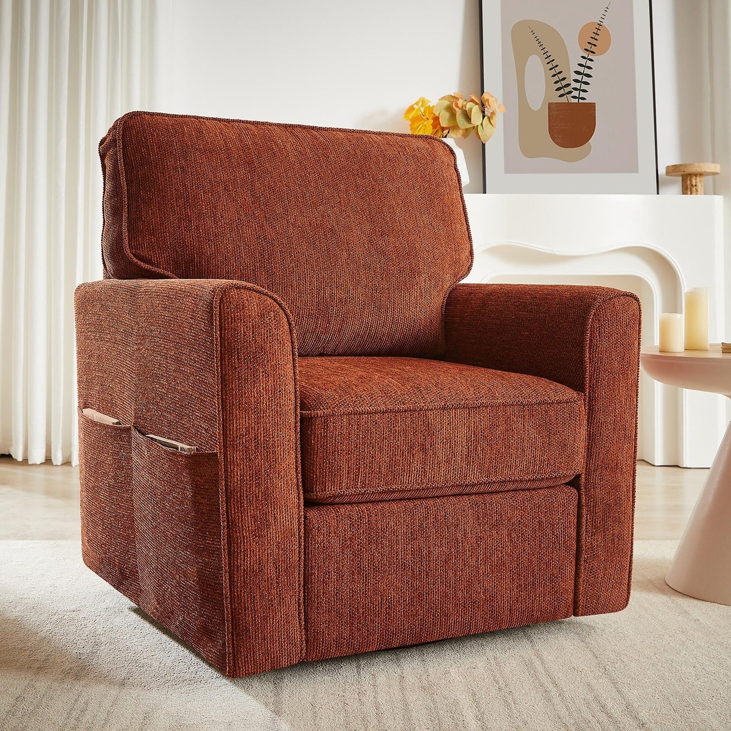 Fauteuil pivotant à 360° en chenille, fauteuil moderne avec poches latérales, fauteuil pivotant, fauteuil inclinable ergonomique pour chambre à coucher