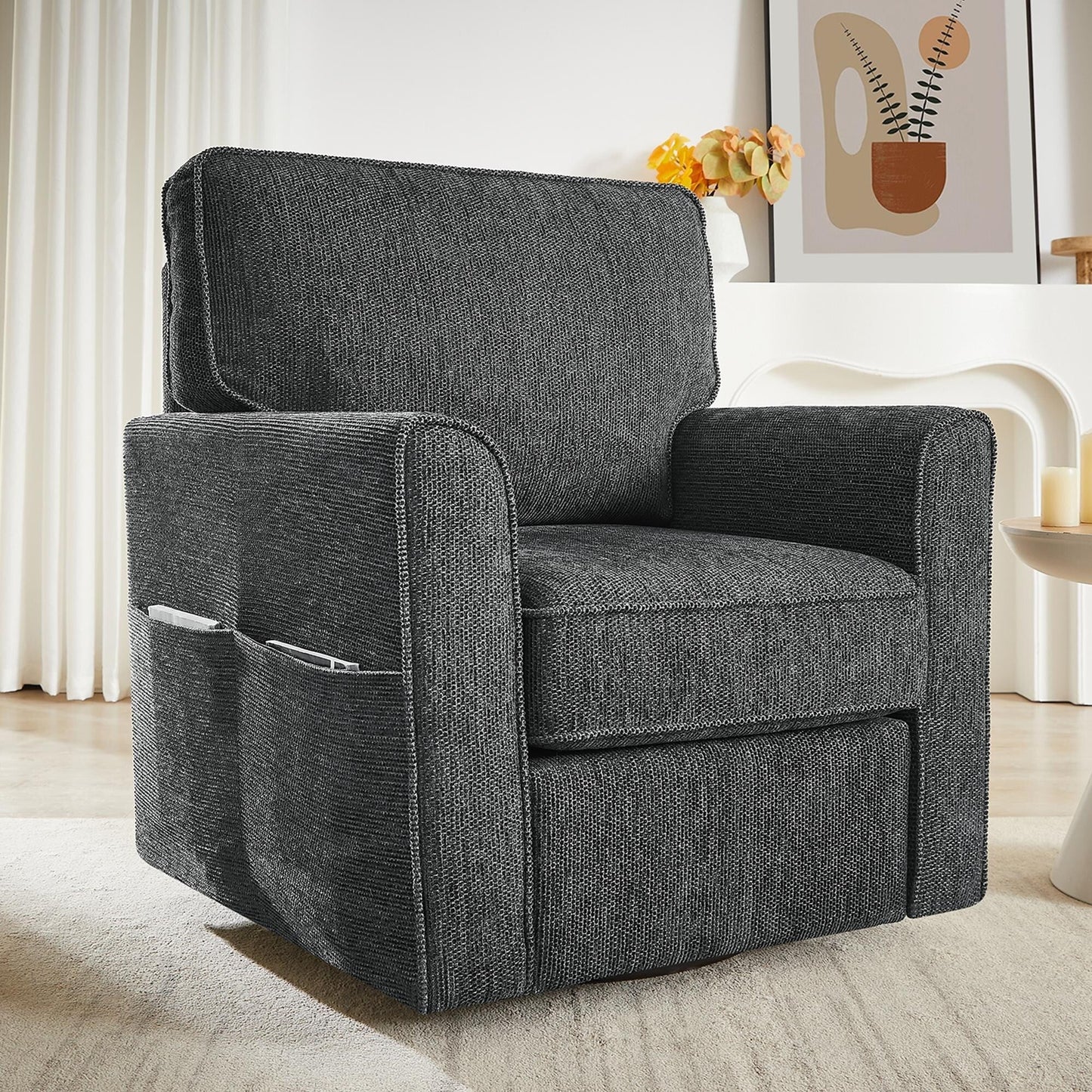 Fauteuil pivotant à 360° en chenille, fauteuil moderne avec poches latérales, fauteuil pivotant, fauteuil inclinable ergonomique pour chambre à coucher