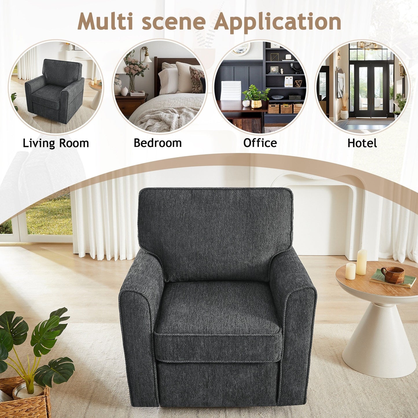 Fauteuil pivotant à 360° en chenille, fauteuil moderne avec poches latérales, fauteuil pivotant, fauteuil inclinable ergonomique pour chambre à coucher