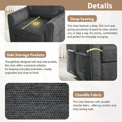 Fauteuil pivotant à 360° en chenille, fauteuil moderne avec poches latérales, fauteuil pivotant, fauteuil inclinable ergonomique pour chambre à coucher