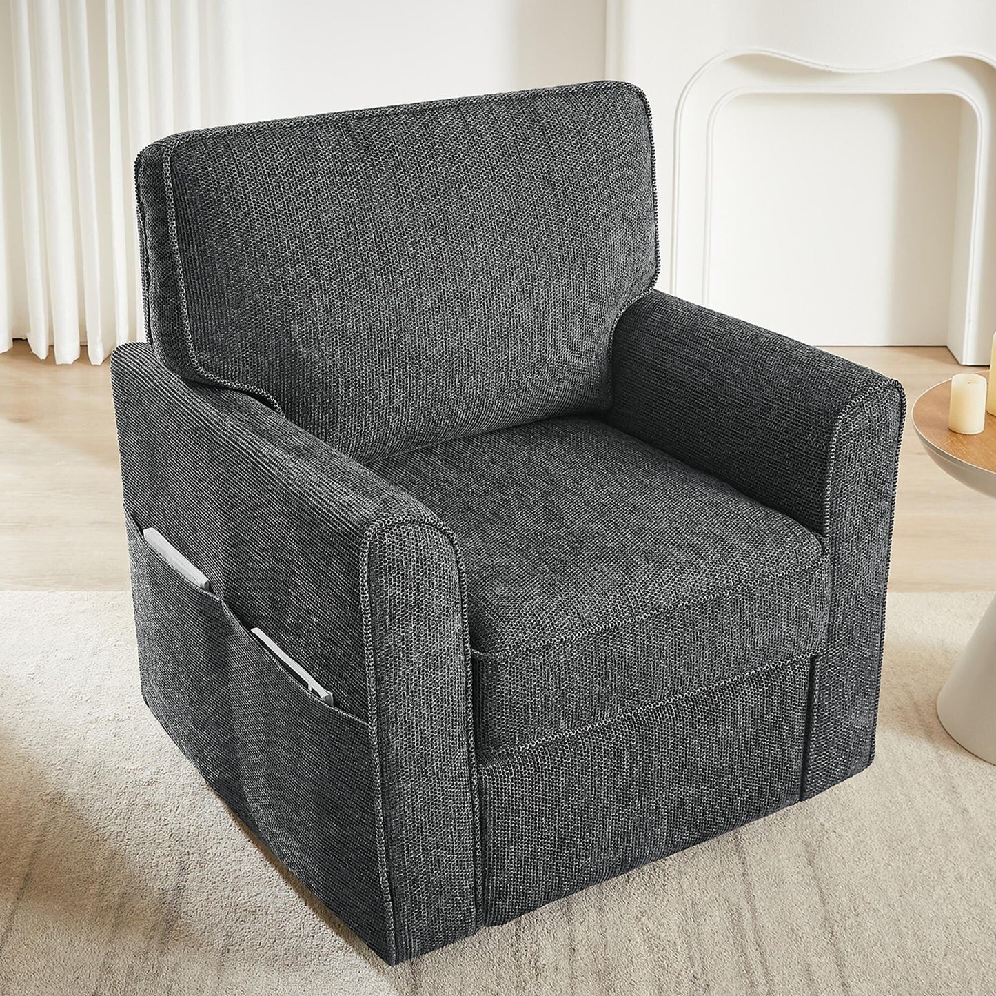 Fauteuil pivotant à 360° en chenille, fauteuil moderne avec poches latérales, fauteuil pivotant, fauteuil inclinable ergonomique pour chambre à coucher