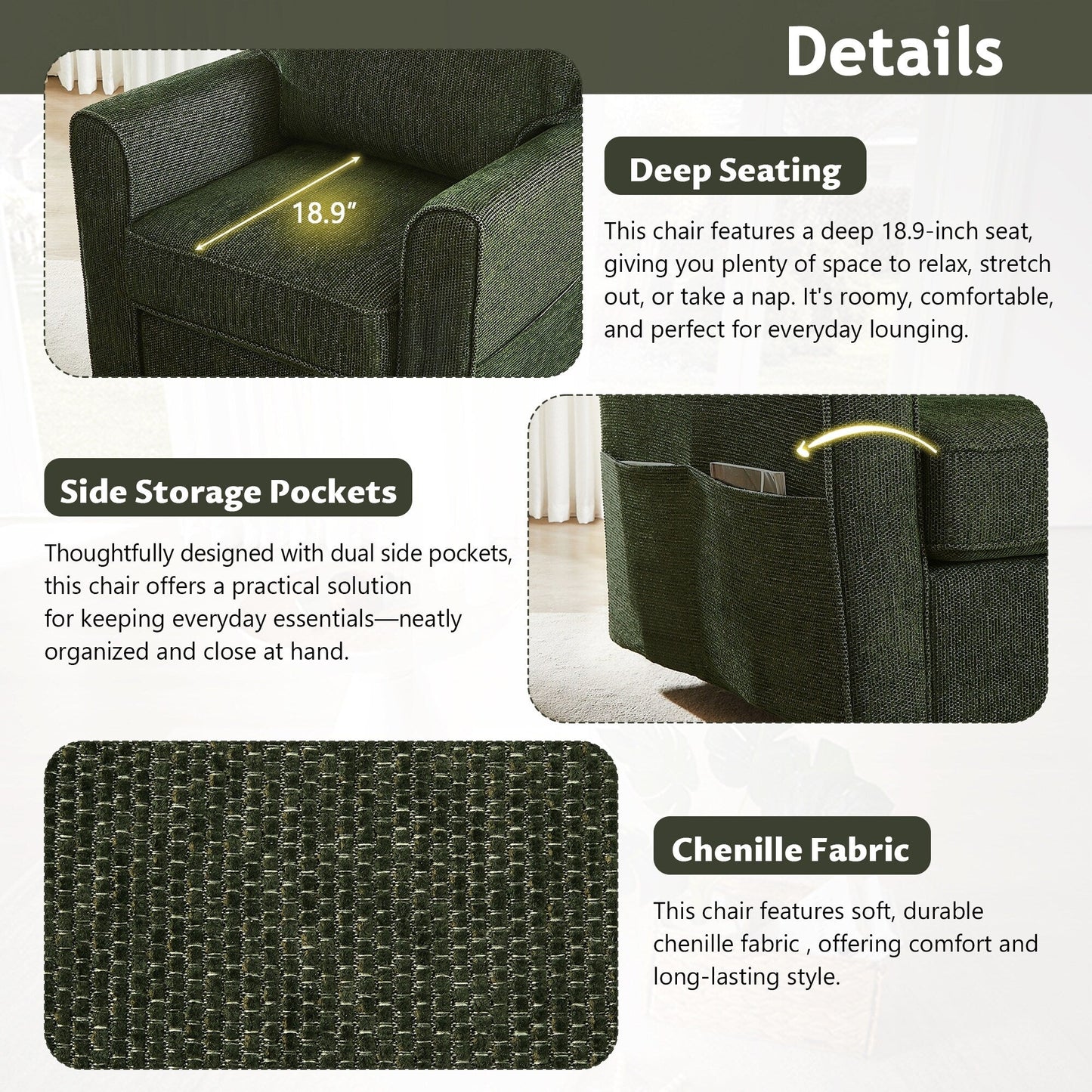 Fauteuil pivotant à 360° en chenille, fauteuil moderne avec poches latérales, fauteuil pivotant, fauteuil inclinable ergonomique pour chambre à coucher