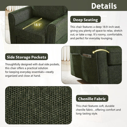 Fauteuil pivotant à 360° en chenille, fauteuil moderne avec poches latérales, fauteuil pivotant, fauteuil inclinable ergonomique pour chambre à coucher