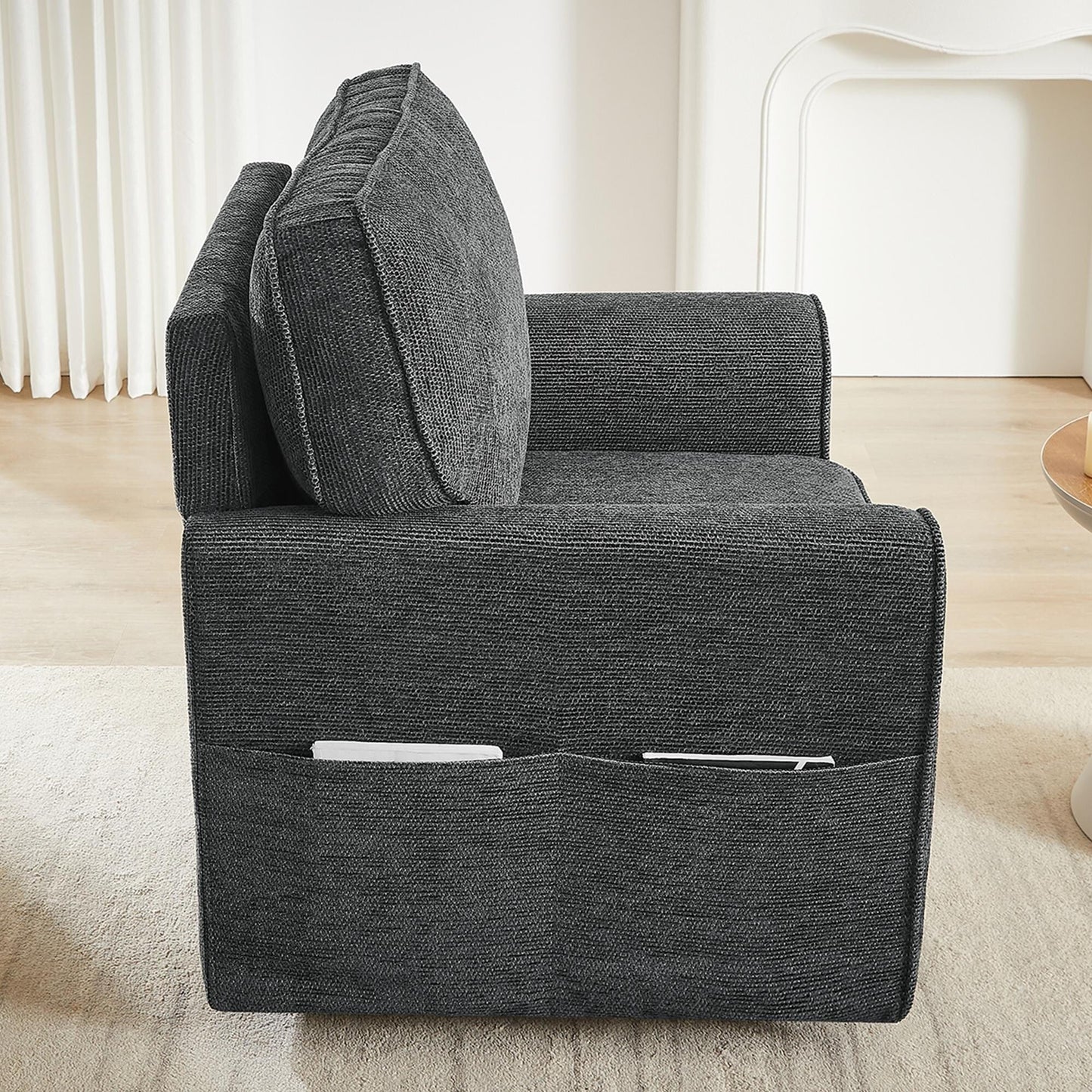 Fauteuil pivotant à 360° en chenille, fauteuil moderne avec poches latérales, fauteuil pivotant, fauteuil inclinable ergonomique pour chambre à coucher