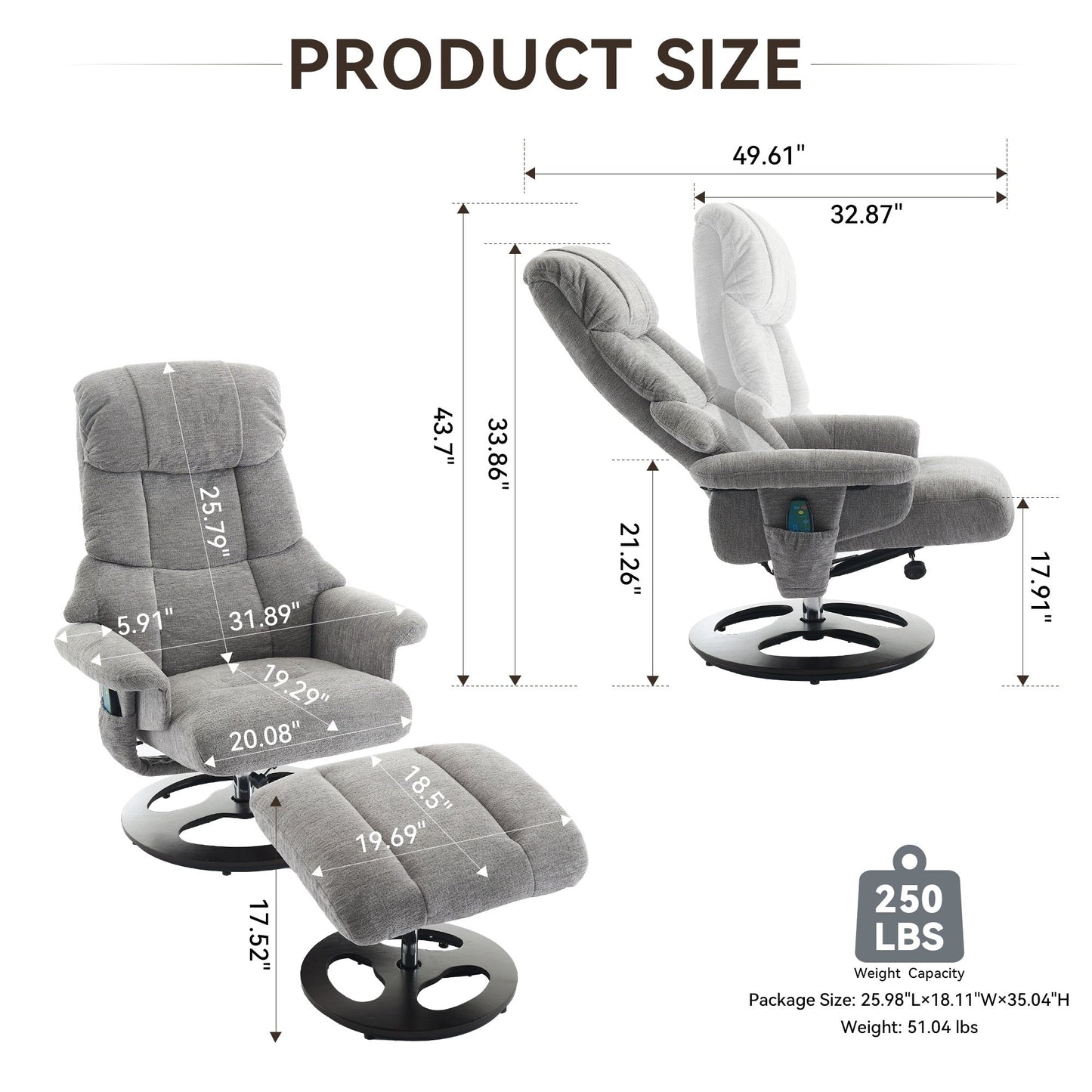 Fauteuil inclinable de massage pivotant à 360° en chenille avec pouf, massage et siège chauffant