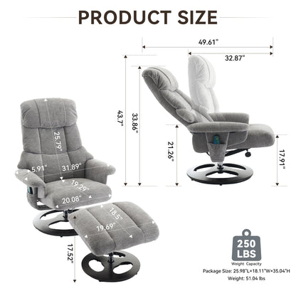 Fauteuil inclinable de massage pivotant à 360° en chenille avec pouf, massage et siège chauffant