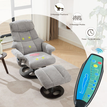 Fauteuil inclinable de massage pivotant à 360° en chenille avec pouf, massage et siège chauffant