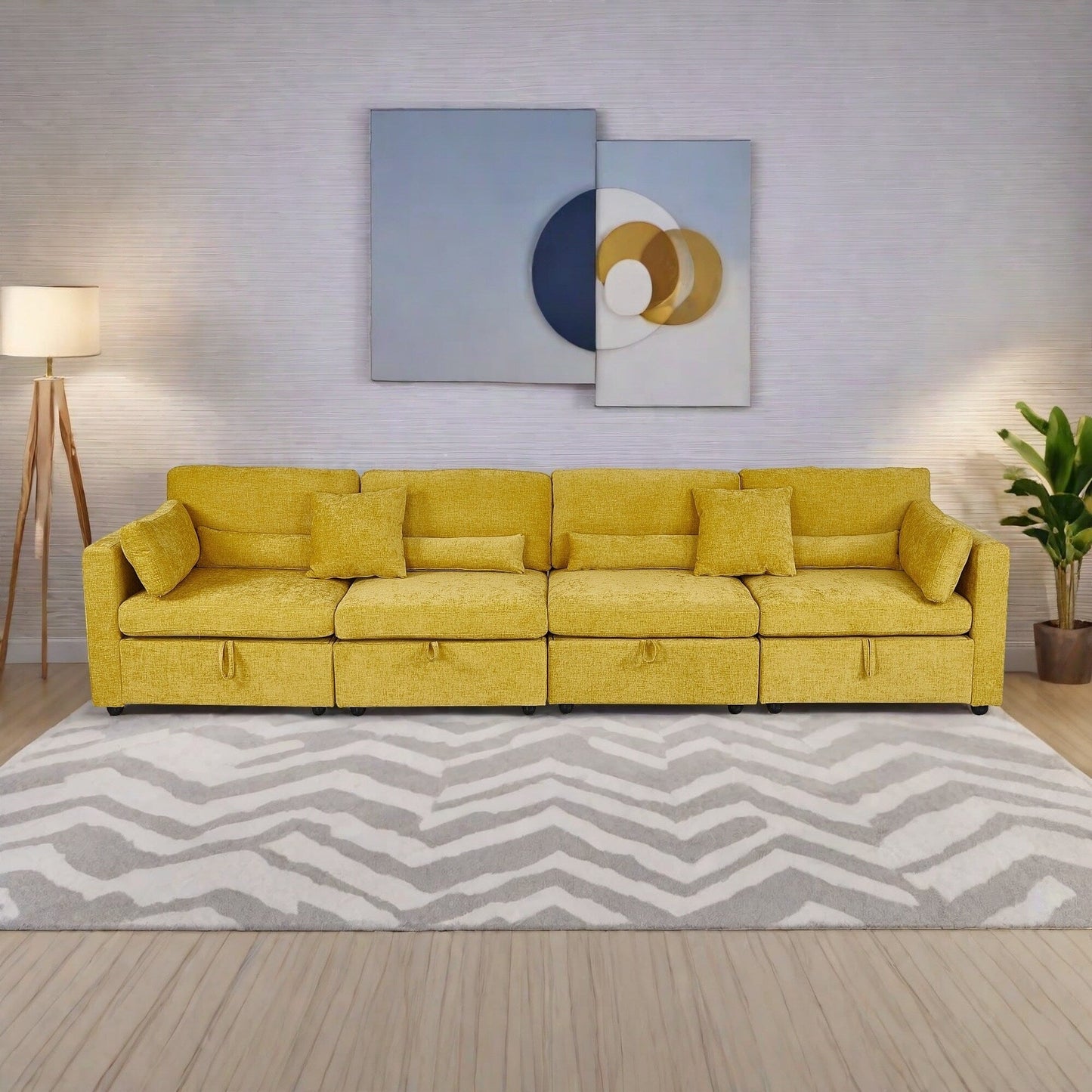 Canapé 4 places en chenille avec coussin de rangement et pieds en bois massif, et pieds en quincaillerie antirouille